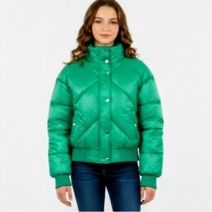 Lili Sidonio Kelly Green Puffer Jacket Womens XS Crop Coat Bomber Varsity Winter